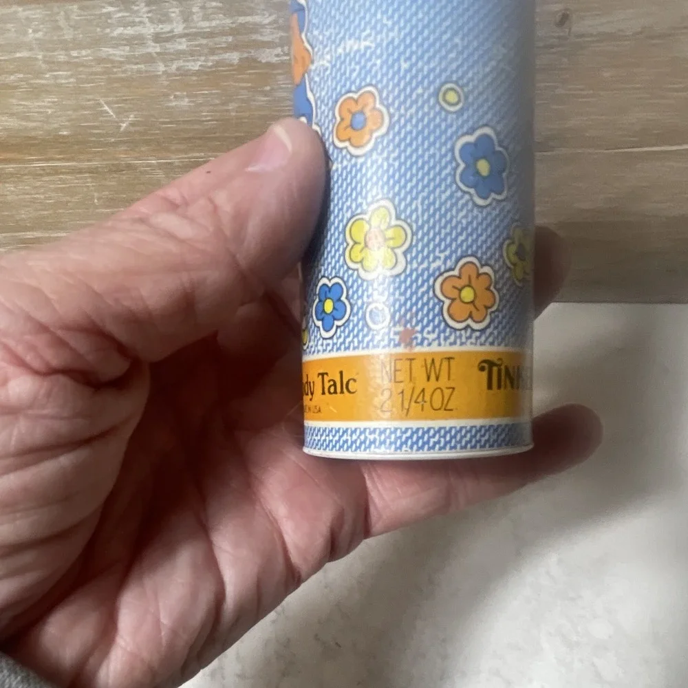 Tinkerbell Vintage Body Talc Powder Shaker Tin Can Blue Floral Girl Graphic